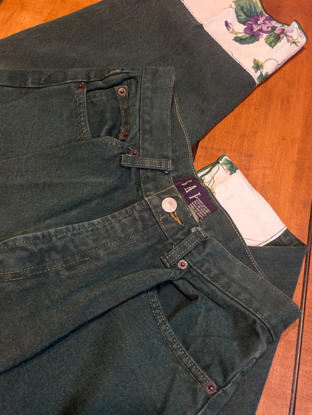 Vintage GAP Green Denim Jeans Reworked Floral Trim Size 8 Ankle